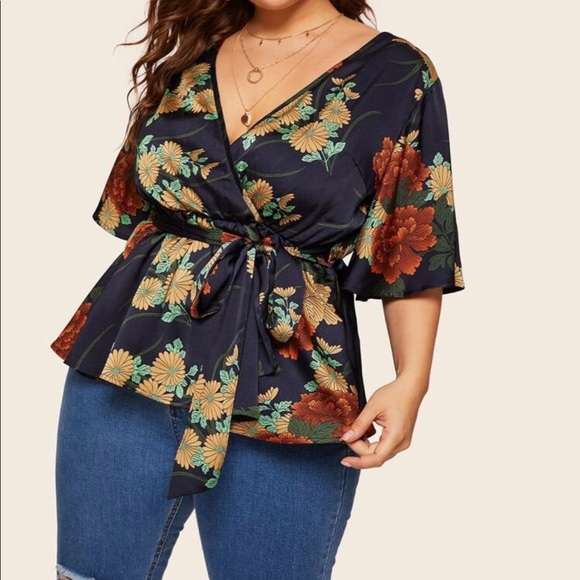 PLUS floral print peplum knot wrap self tie blouse - Picture 2 of 5